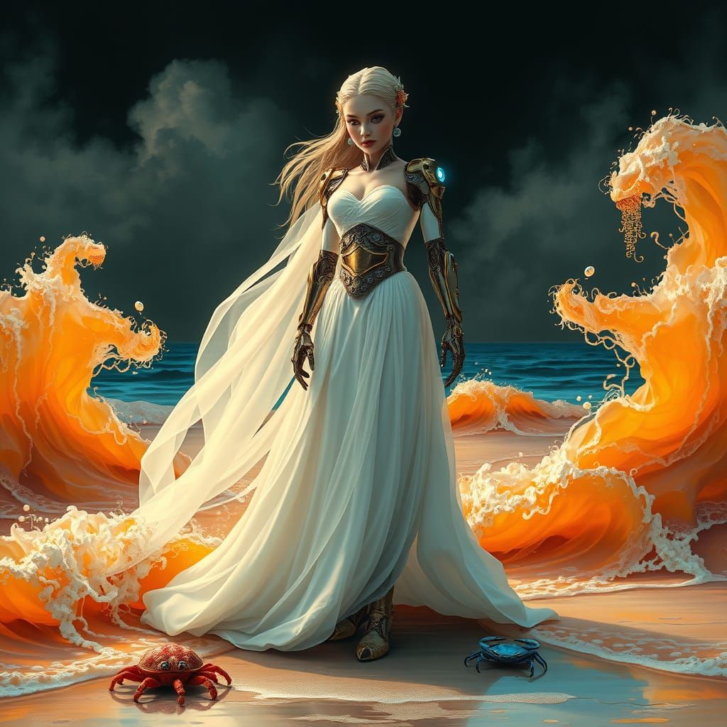 Robotic Lady on Tropical Beach in Surreal Style