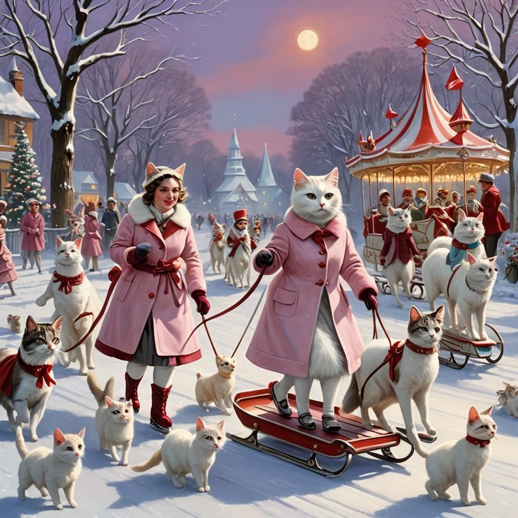 Edwardian Ice Skating Scene with Cats in Dreamcore Style