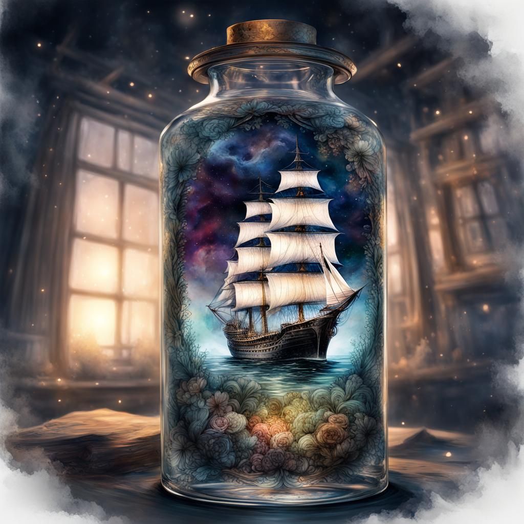Elegant Ship in a Bottle: Watercolor Fairytale