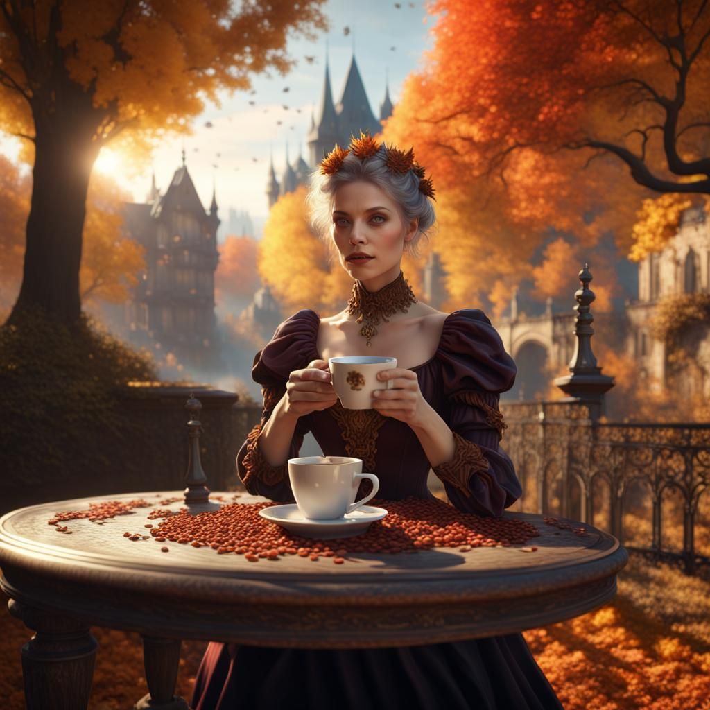 Autumn Coffee: Detailed Matte Painting of Elderly Woman