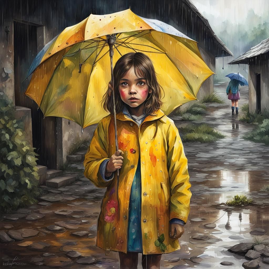 Girl in Rainy Village Street, Dark Watercolor Style