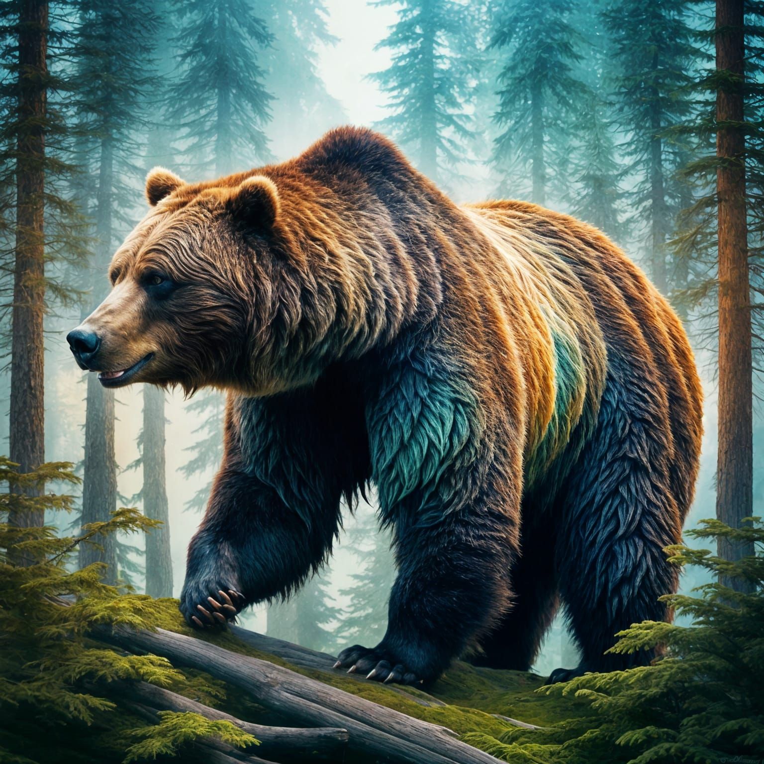 Surreal Bear Silhouette Filled With Fractal Forest