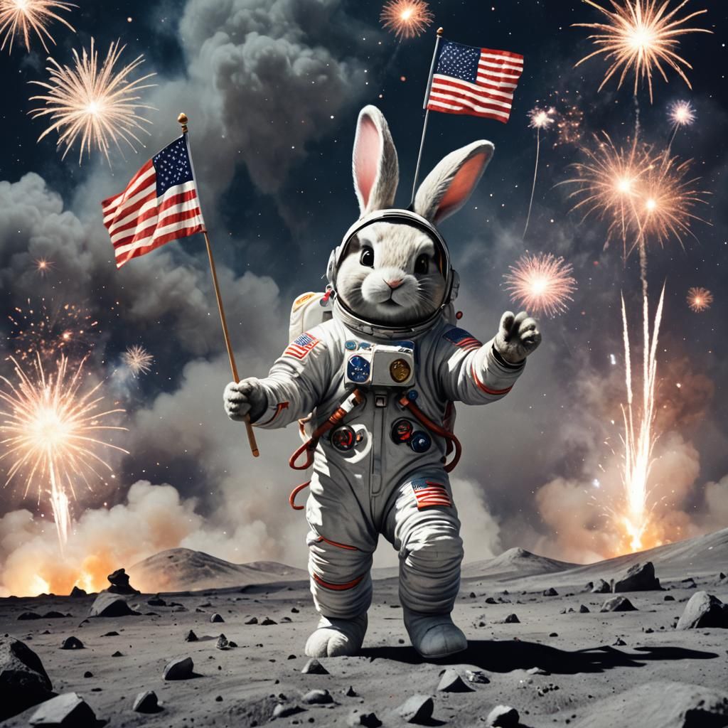 Patriotic Bunny on the Moon Celebrates July 4th