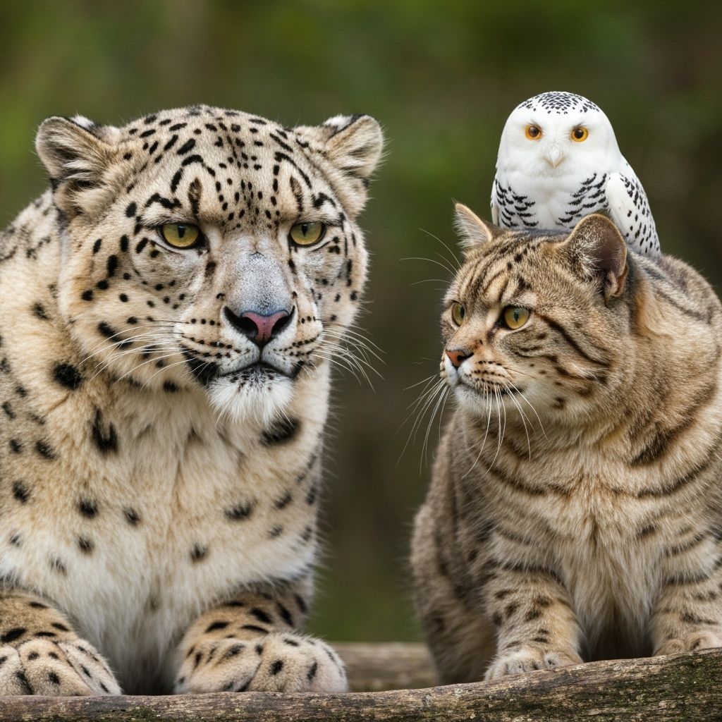 Snow Leopard, Snowy Owl, and Grizzly Cat Together
