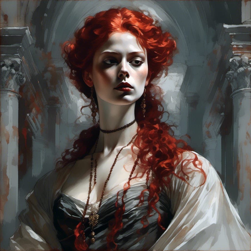 Vampiress with Flowing Red Hair in Classical Style