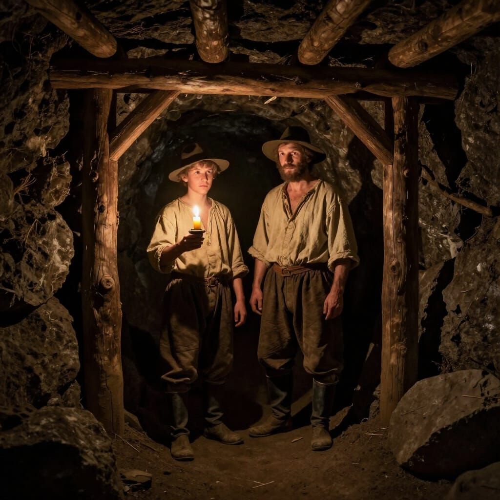 Father and Son Explore Tin Mine by Candlelight