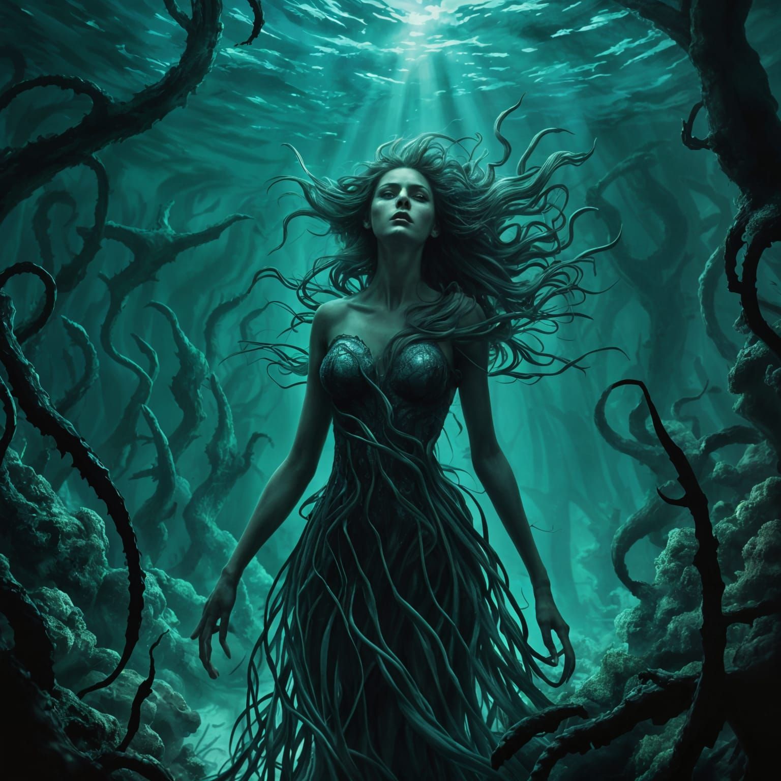 Seaweed Siren's Bioluminescent Lair: Dark Fantasy Illustrati...