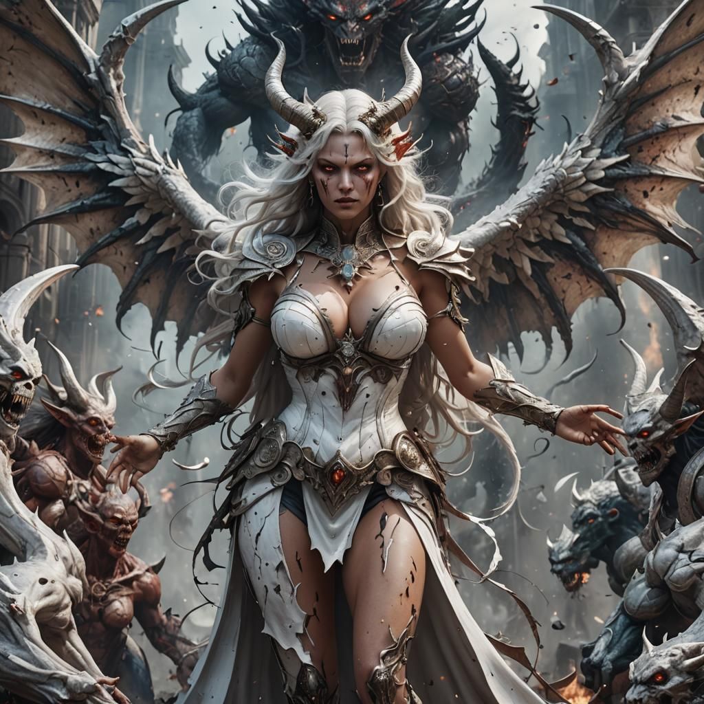 Angelic Women Attack Demon: Fantasy Concept Art