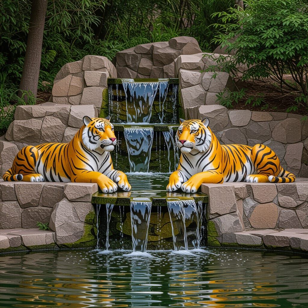 Ornate Water Fountain with Flanking Tigers
