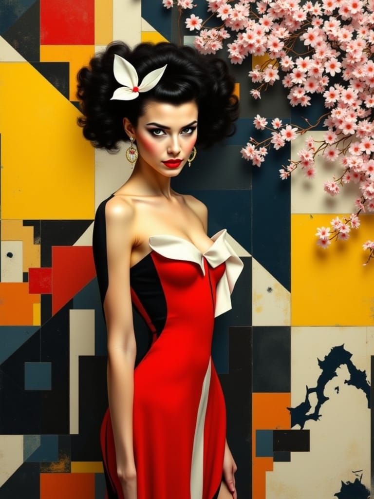 Mondrian Pin-Up Figure with Blossoms in Geometric Garden