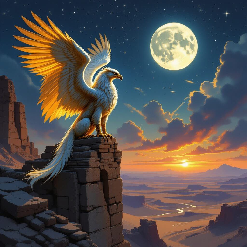 Majestic Griffin on Ancient Ruin Under Twin Moons