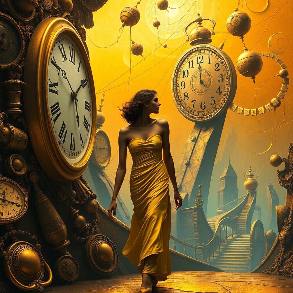 Golden Surreal Dreamscape with Melting Clocks