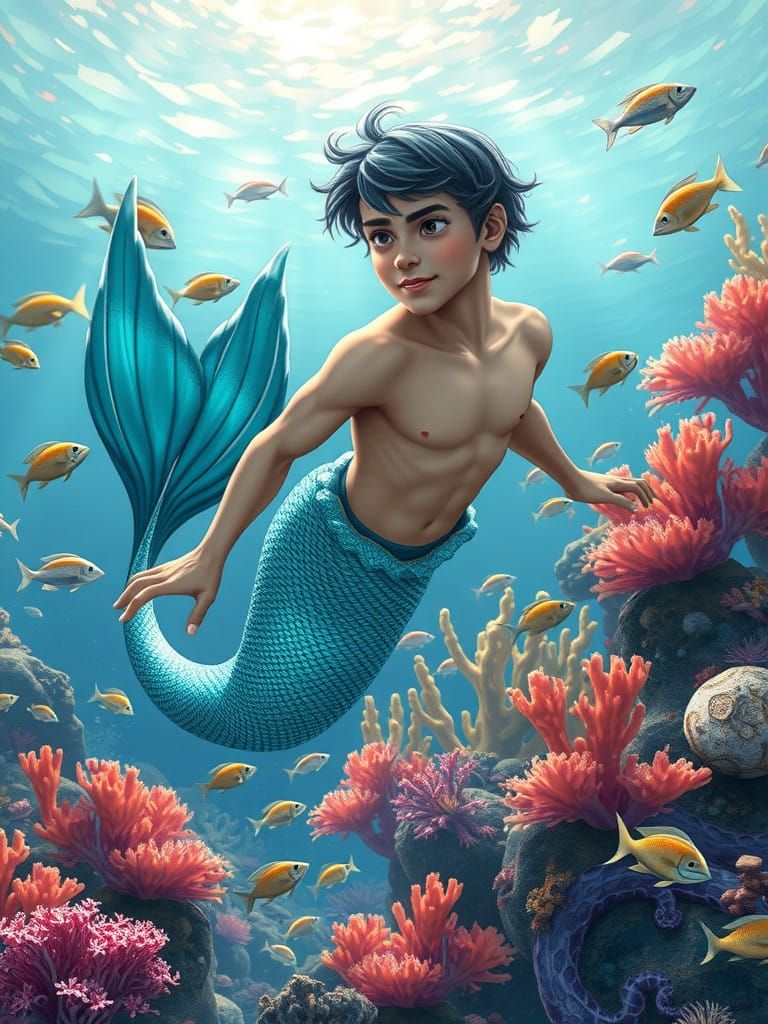 Mystical Merman in Dreamlike Coral Reef