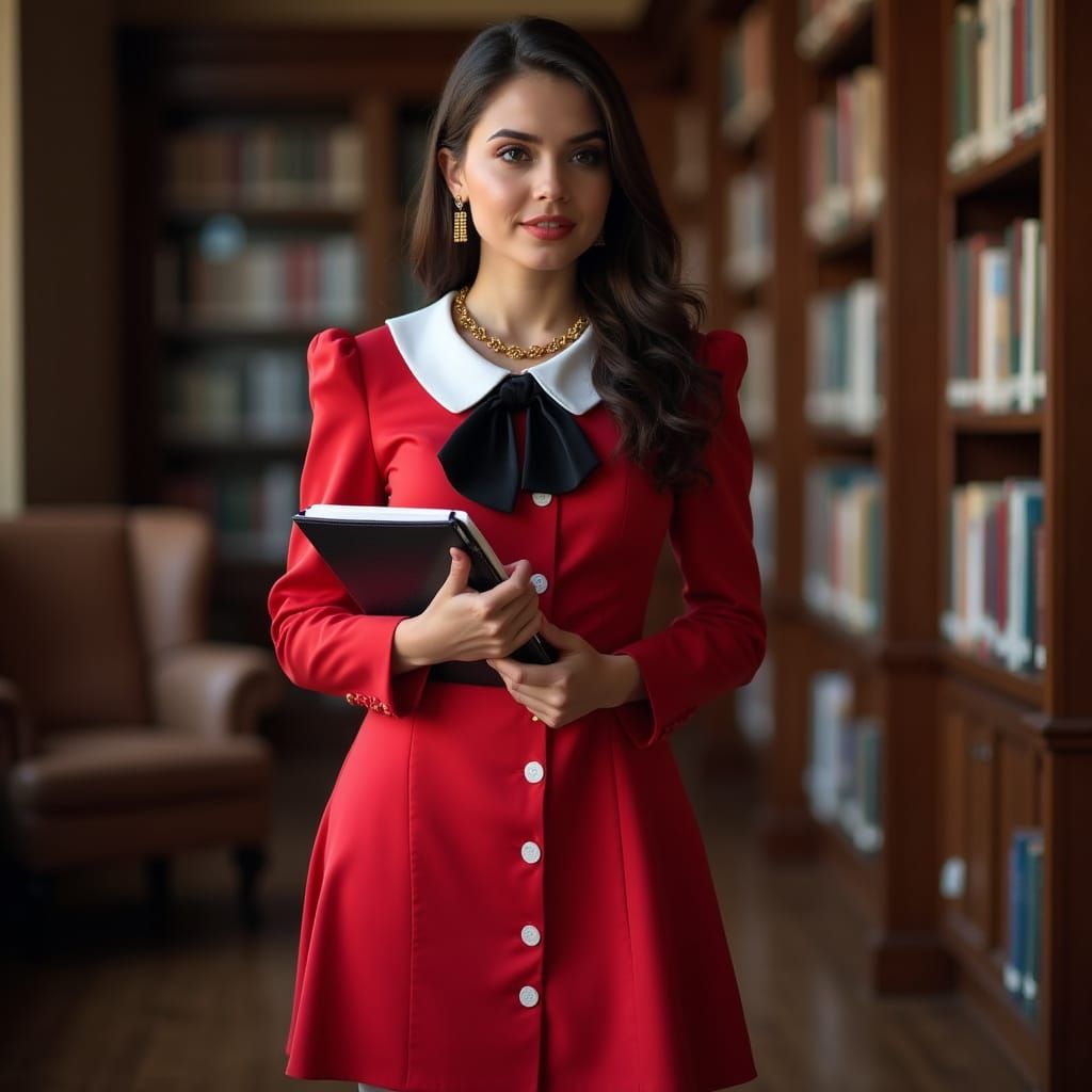 Irish Woman Faidh in Red Dress in Library