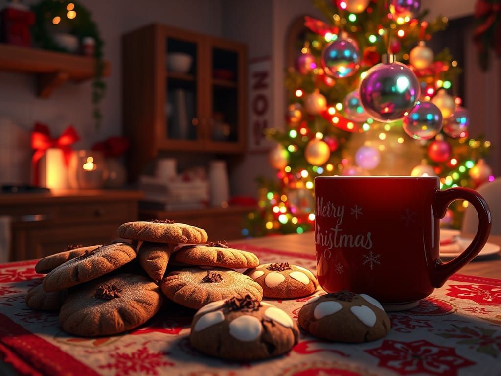 Cozy Christmas Kitchen Scene with Hot Chocolate and Cookies