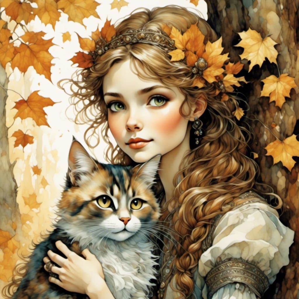 Beautiful Woman with Cat in Sunny Autumn Woods