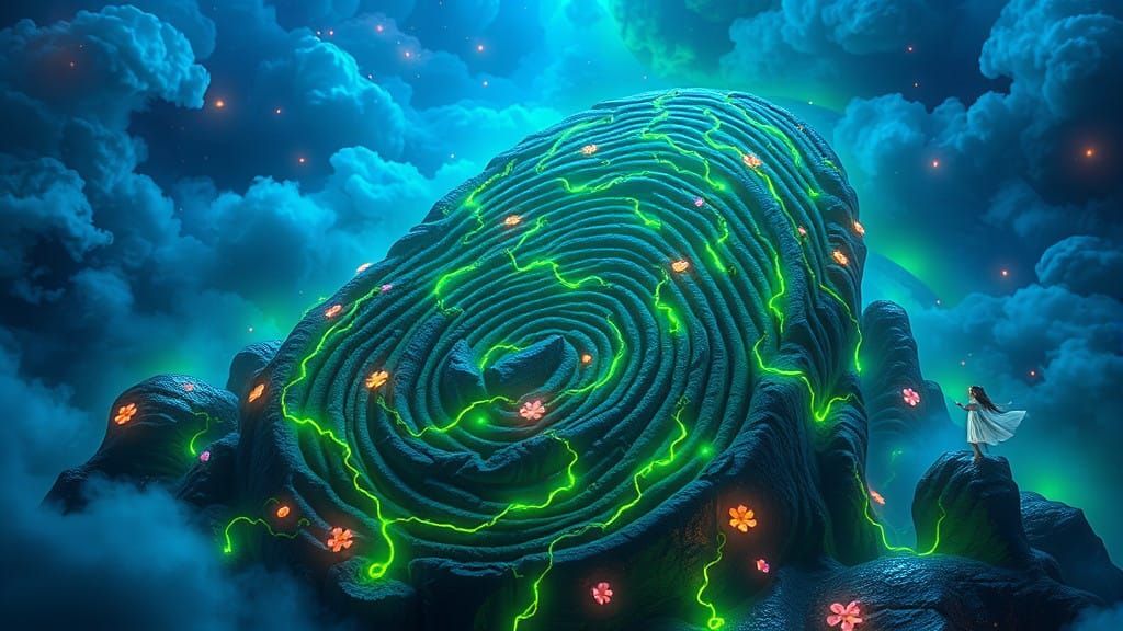 Surreal Fantasy Landscape with Fingerprint Maze and Joyous G...