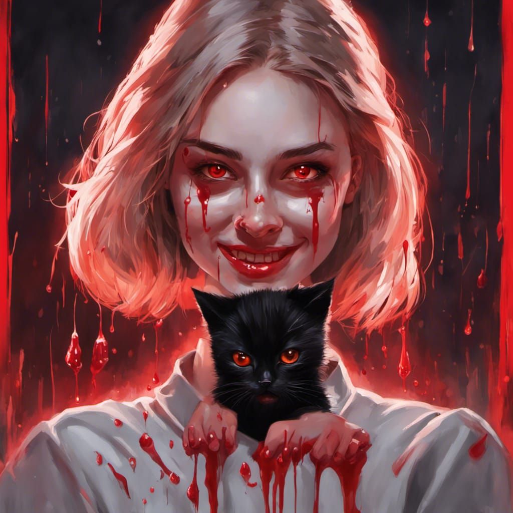 Girl in Catsuit with Vampire Teeth, Hyperrealistic Art