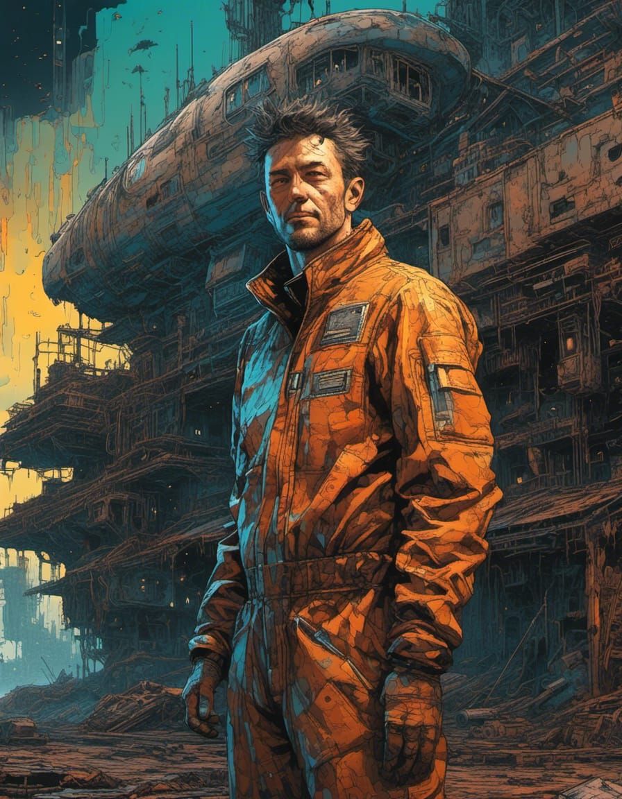 Retrofuturistic Portrait: Proud Man and Spaceship