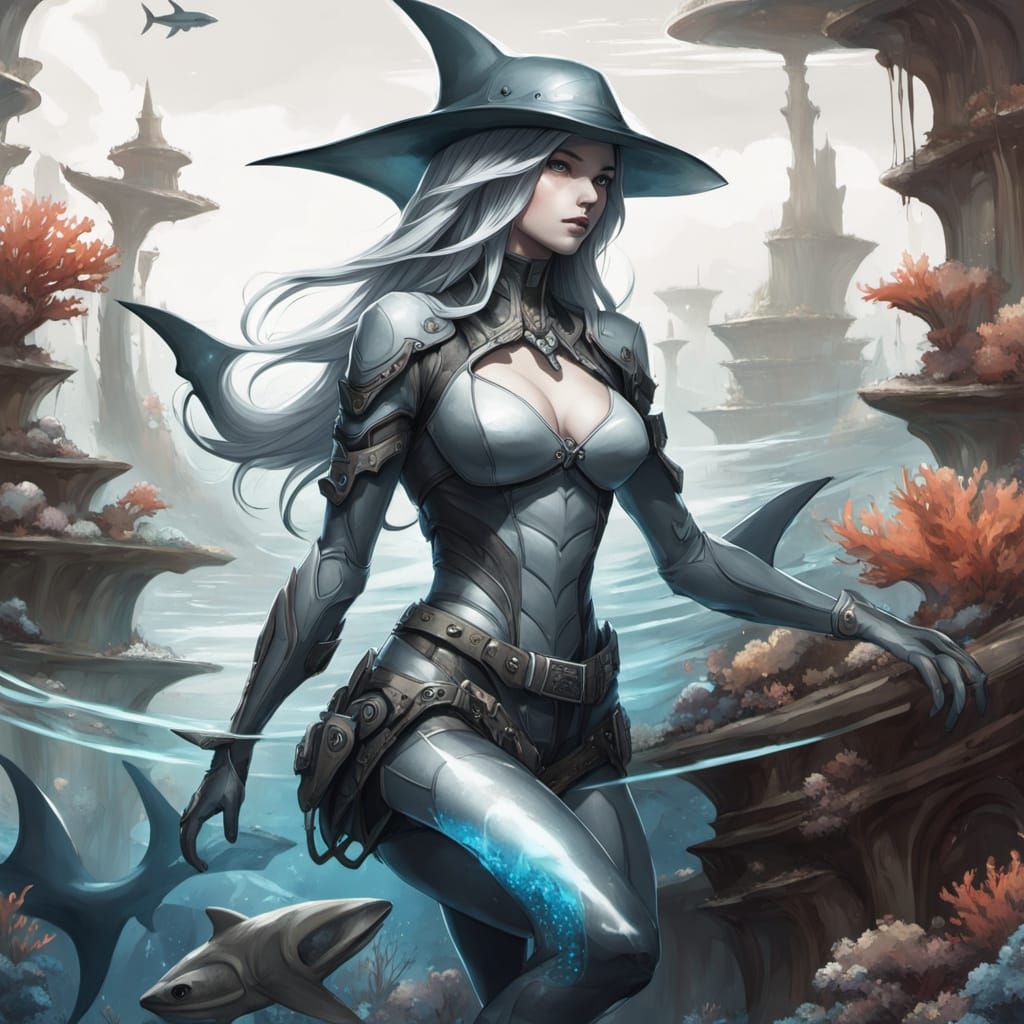 Shark Woman Concept Art on Coral Reef