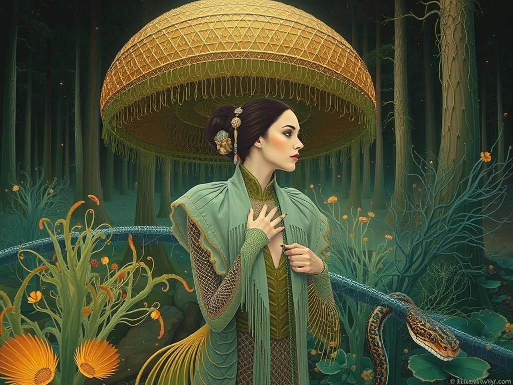 Serpentine Woman in Mycelium Network, Fashion Magazine Art