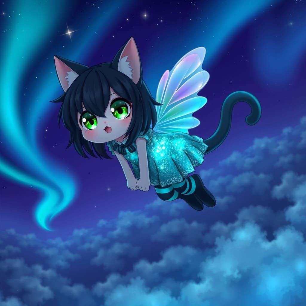 Mystical Anime Catgirl Soars Through a Celestial Night Sky