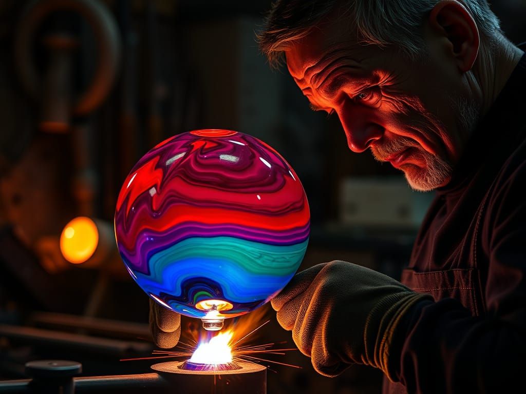 Glassblower Creates Vibrant Orb with Dramatic Lighting