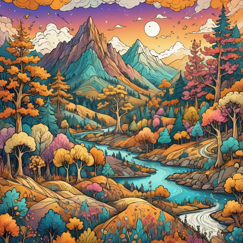 Whimsical Fantasy Landscape in Sketch Art Style