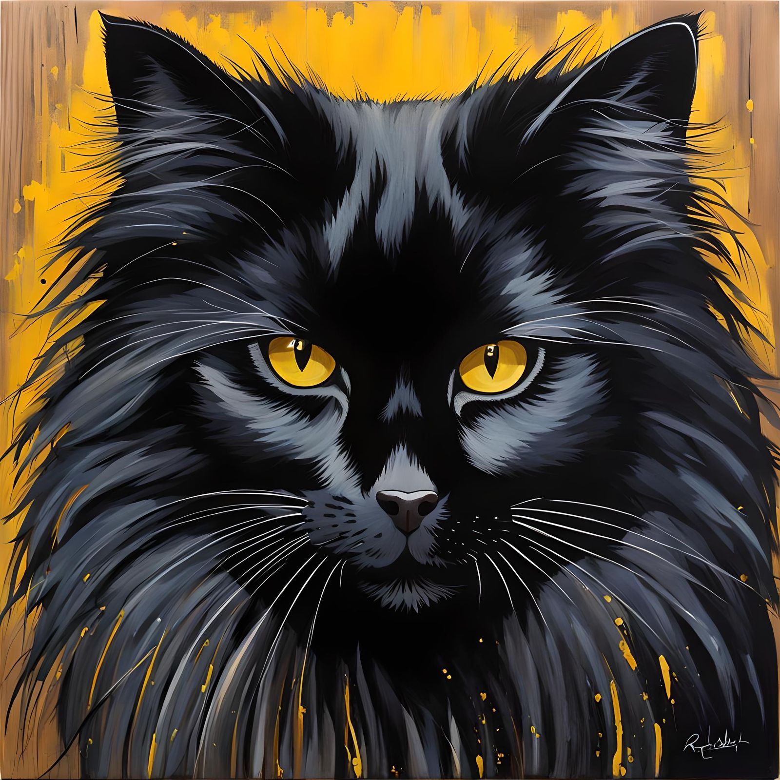 Black Cat Portrait in Caricature Acrylic Style