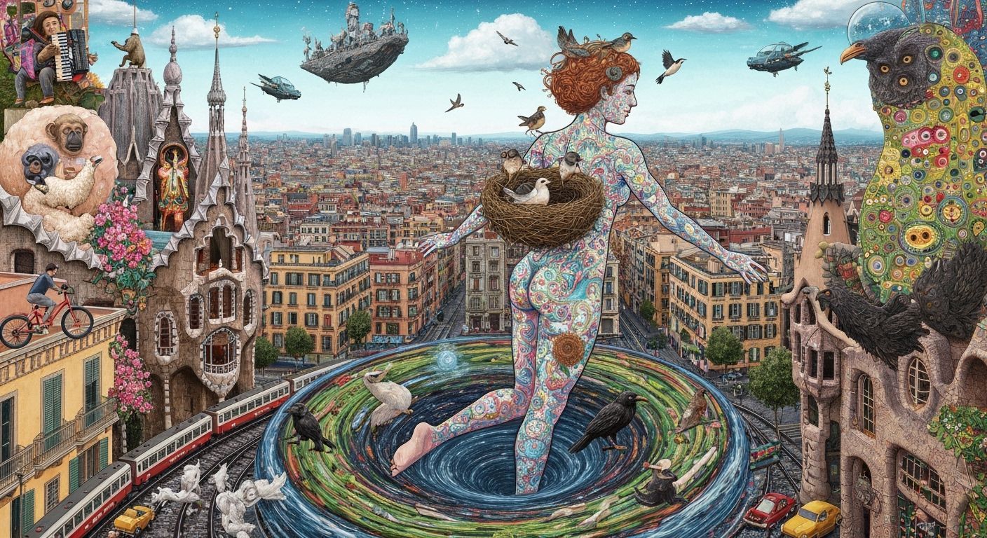 Bioluminescent Figure Over Gaudi Cityscape: Surreal Utopia