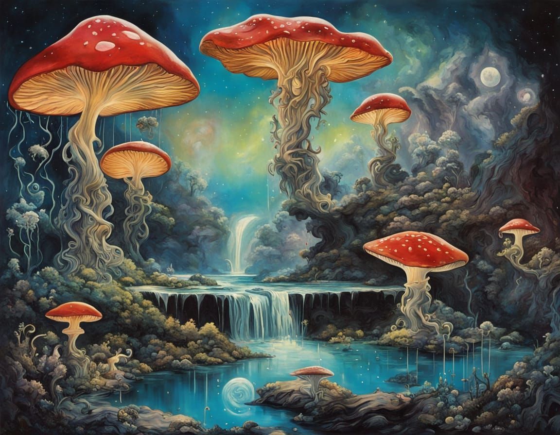 Dreamlike Forest of Majestic Waterfalls and Glowing Mushroom...