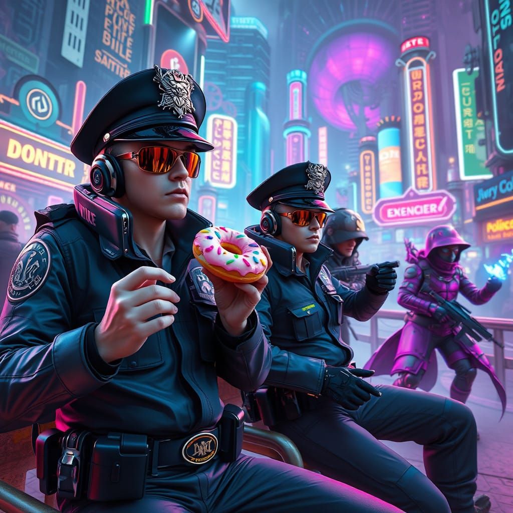 Police Officers Indulge in Donuts Amidst Futuristic Robbery