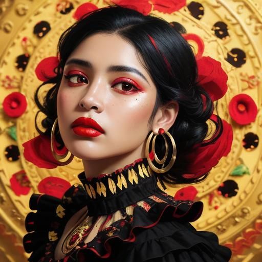 Hispanic Woman with Red Lips in Splash Art Style