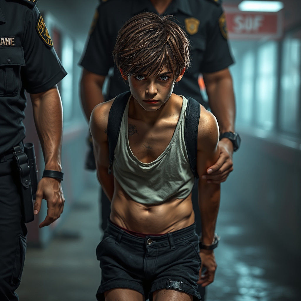 Moody Detainee in Gritty Urban Scene