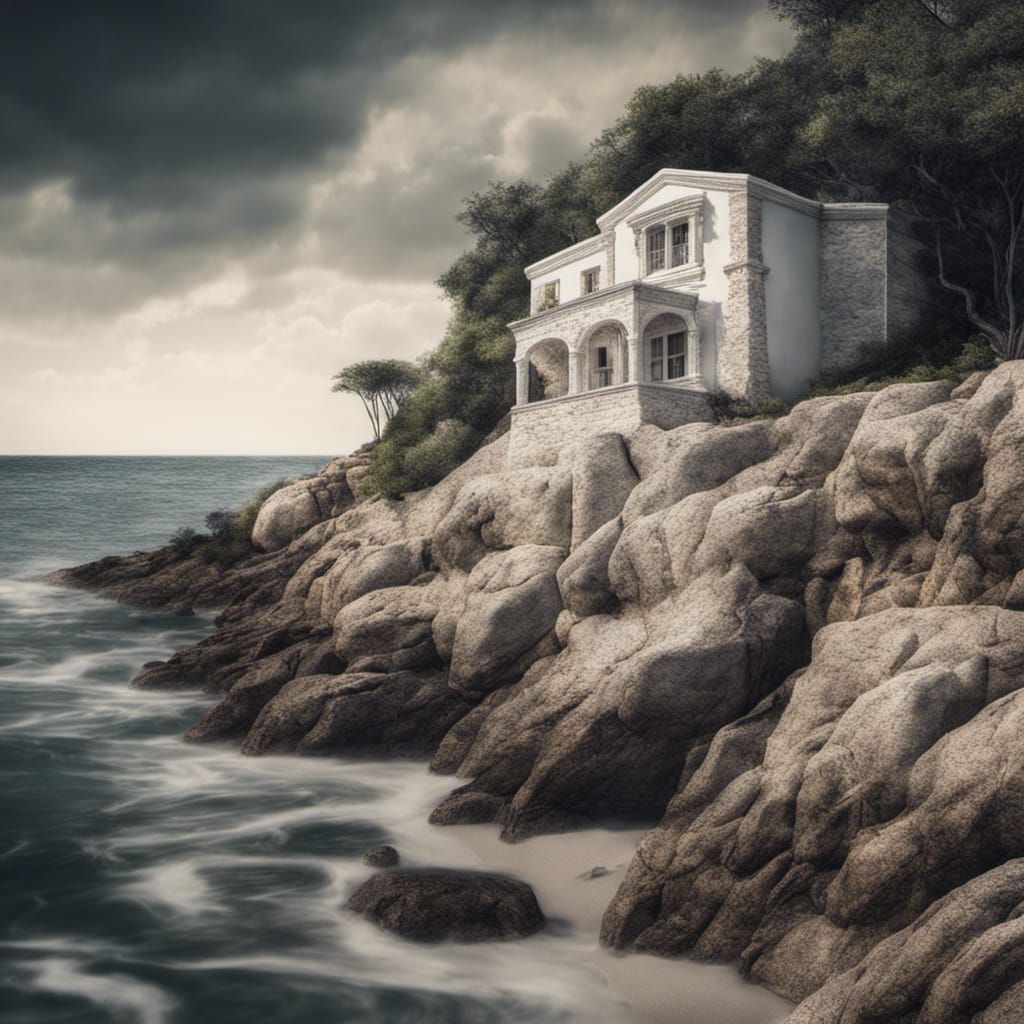 Hyperrealistic White Stone House Near Beach