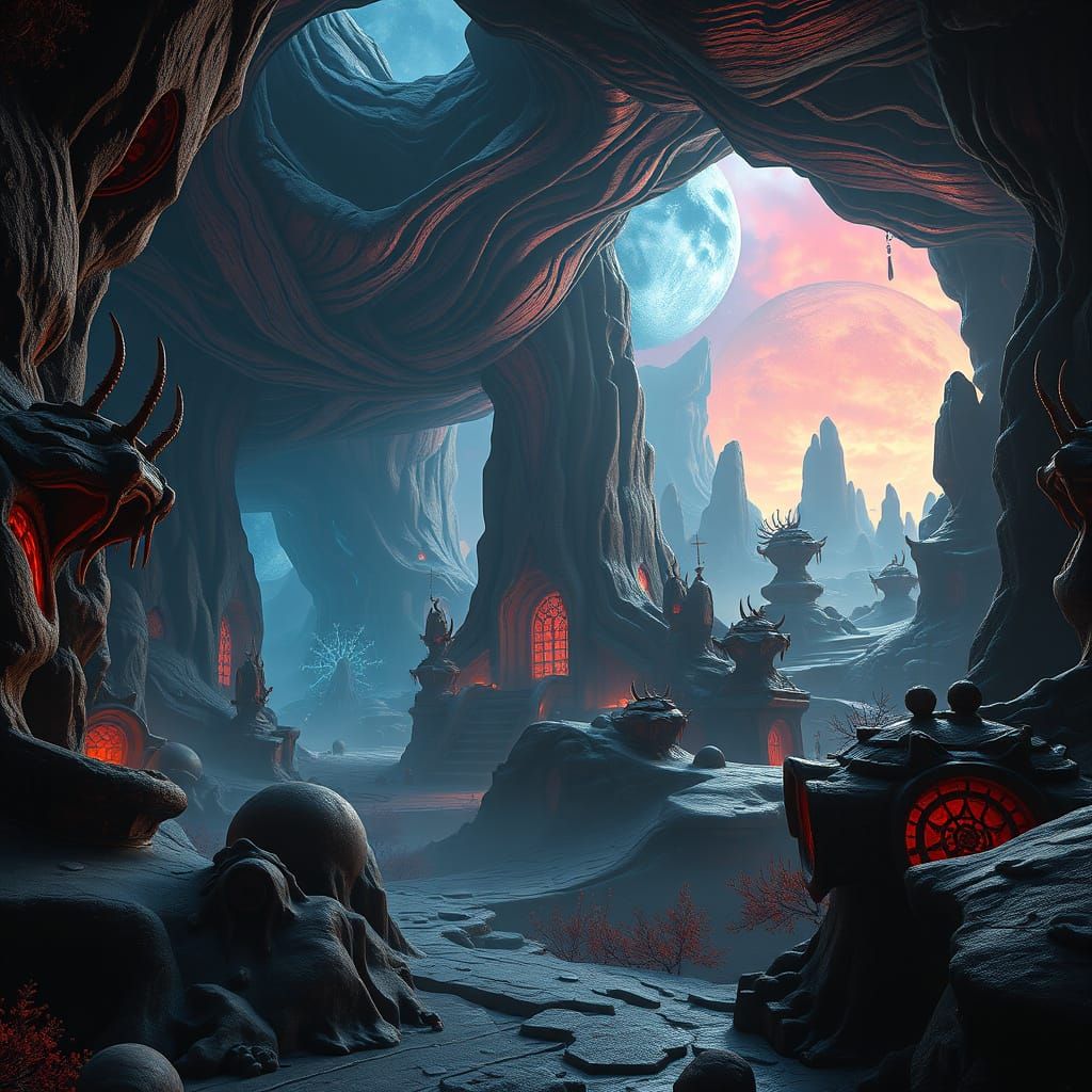 Mystical, Otherworldly Cave Town in Vibrant, Unreal Colors