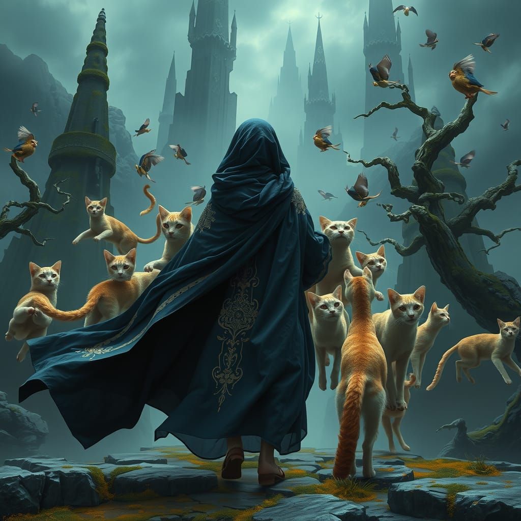 Ethereal Cat Herder in Dreamlike Landscape: Matte Painting
