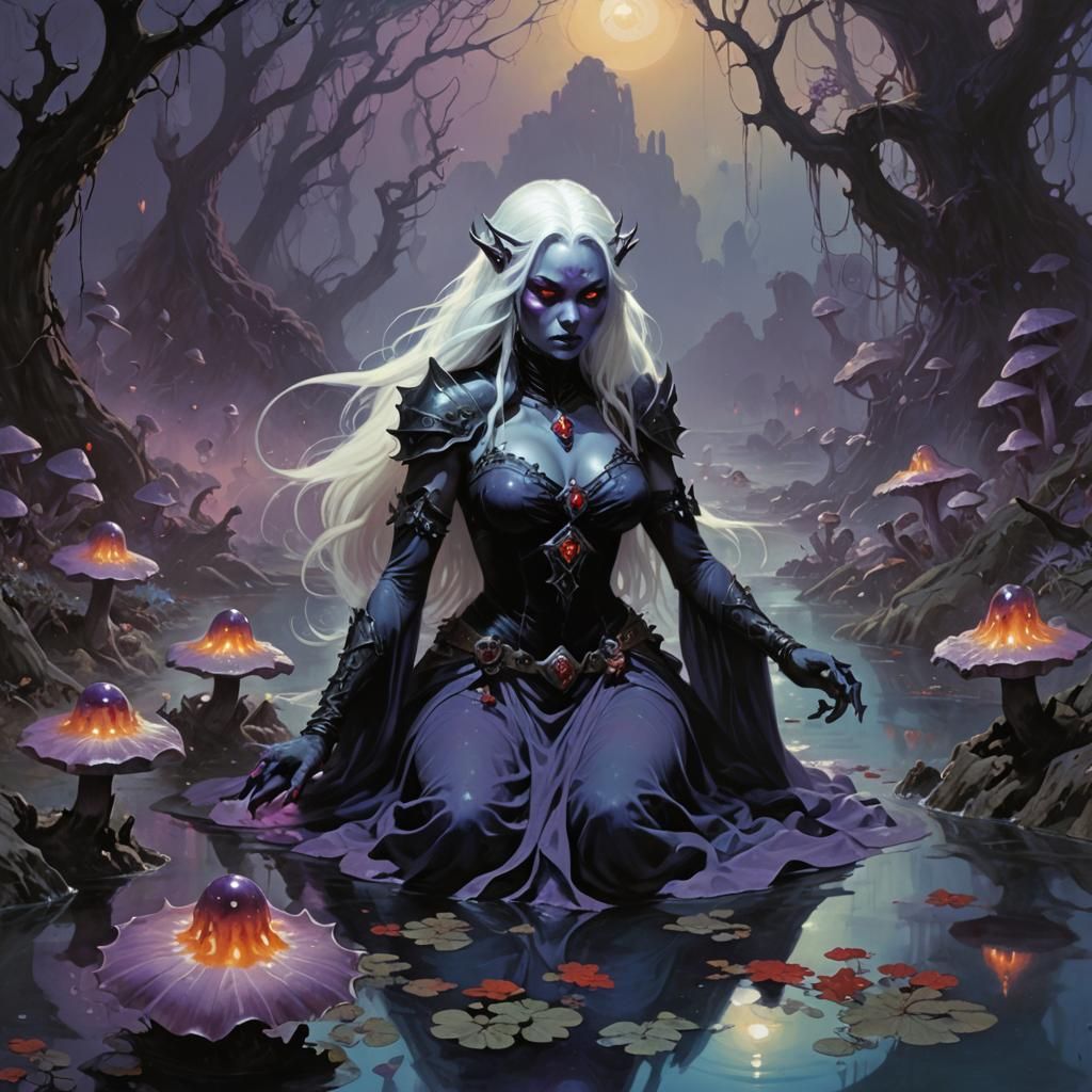 Frank Frazetta fantasy art. Medium shot. A DROW female, cler...