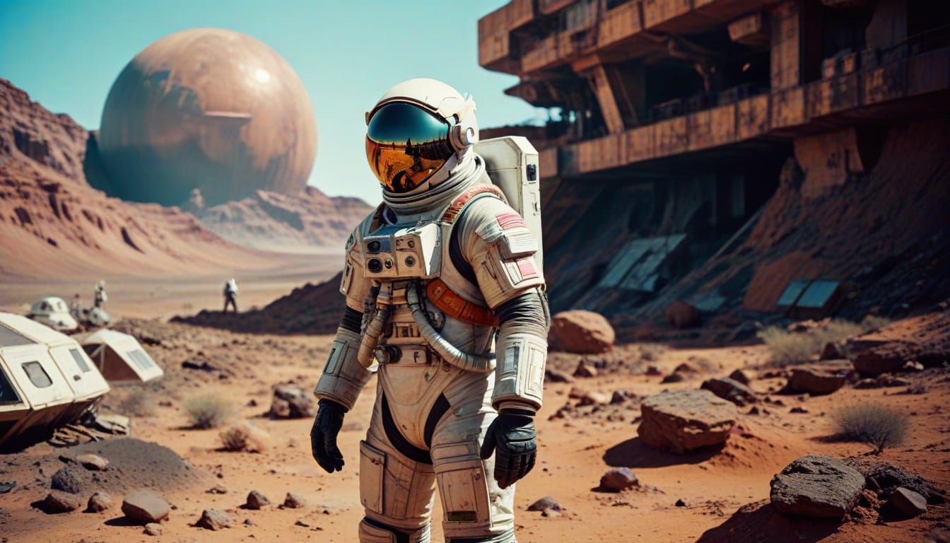 Retro-Futuristic Astronaut in Dystopian Mars Colony