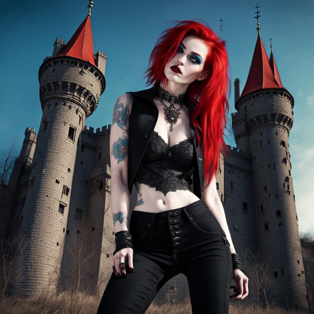 Red-Haired Goth Girl in Castle Ruins, Photographic Style