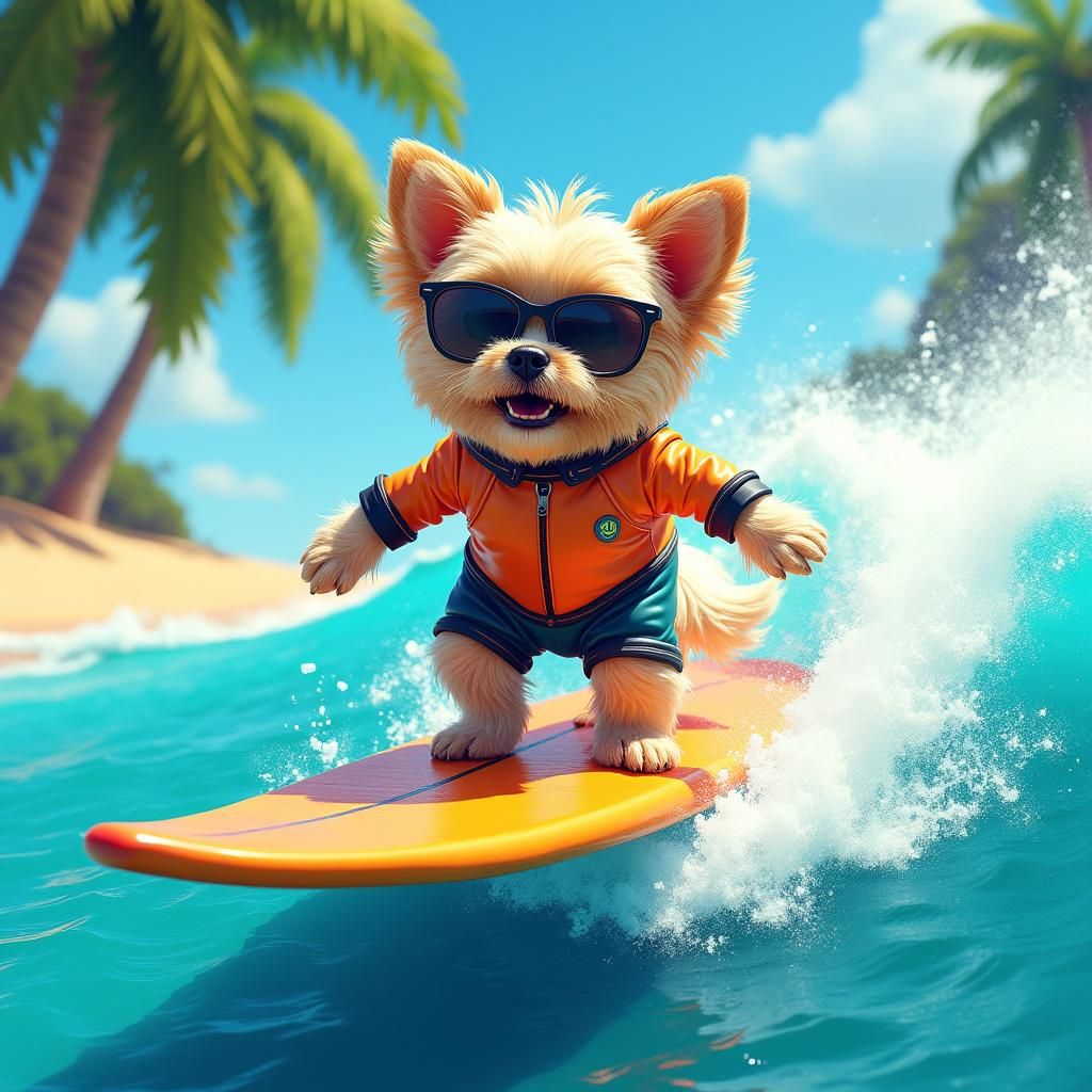 Surfing Shih Tzu on a Crystal-Clear Wave
