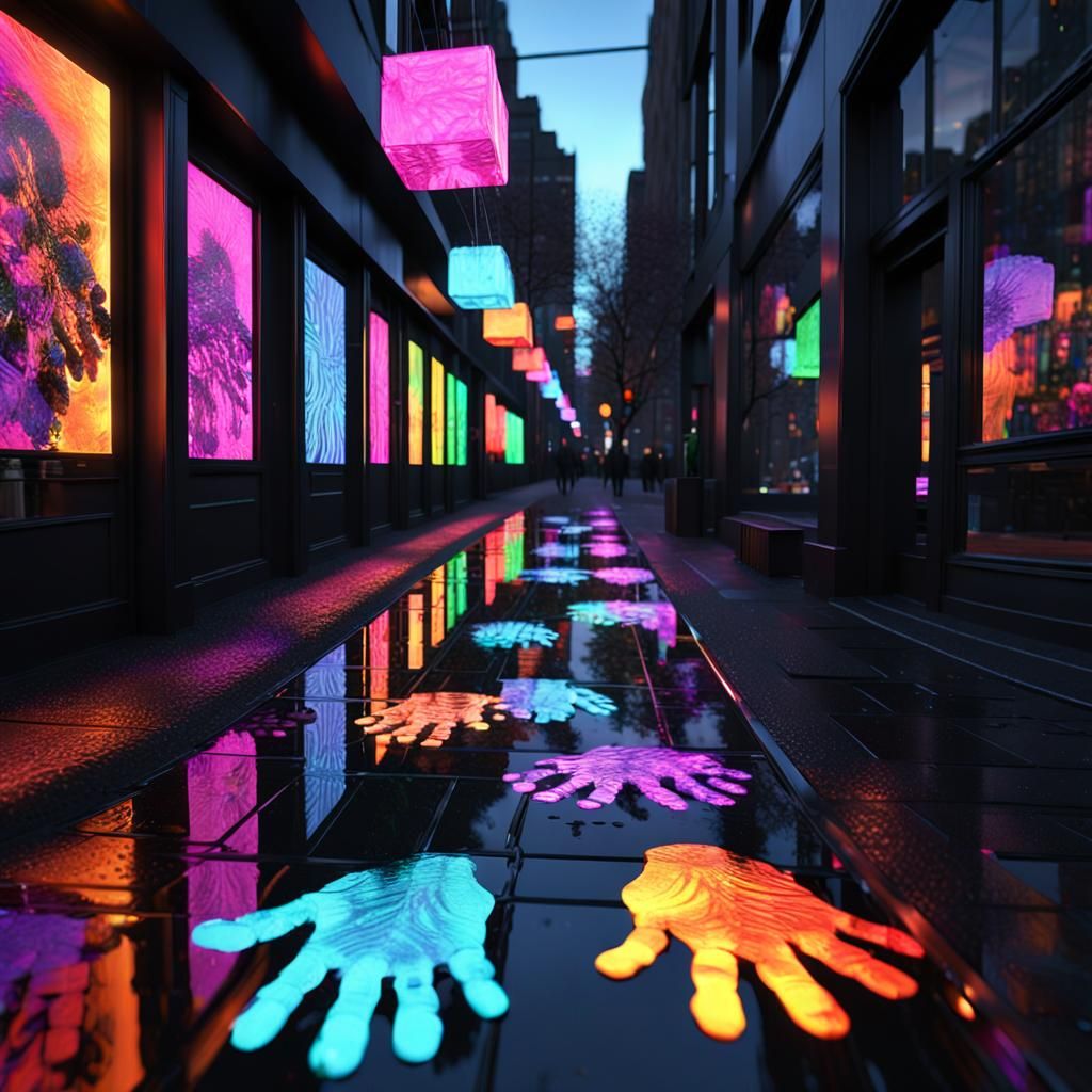 Neon Pathway to Futuristic Cityscape at Night