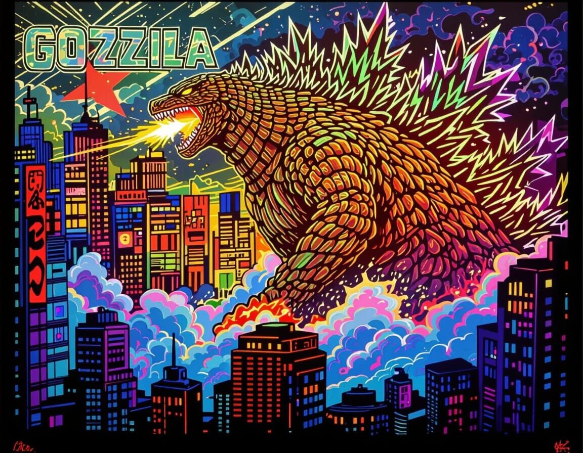 Neon Godzilla Rages Through Futuristic City