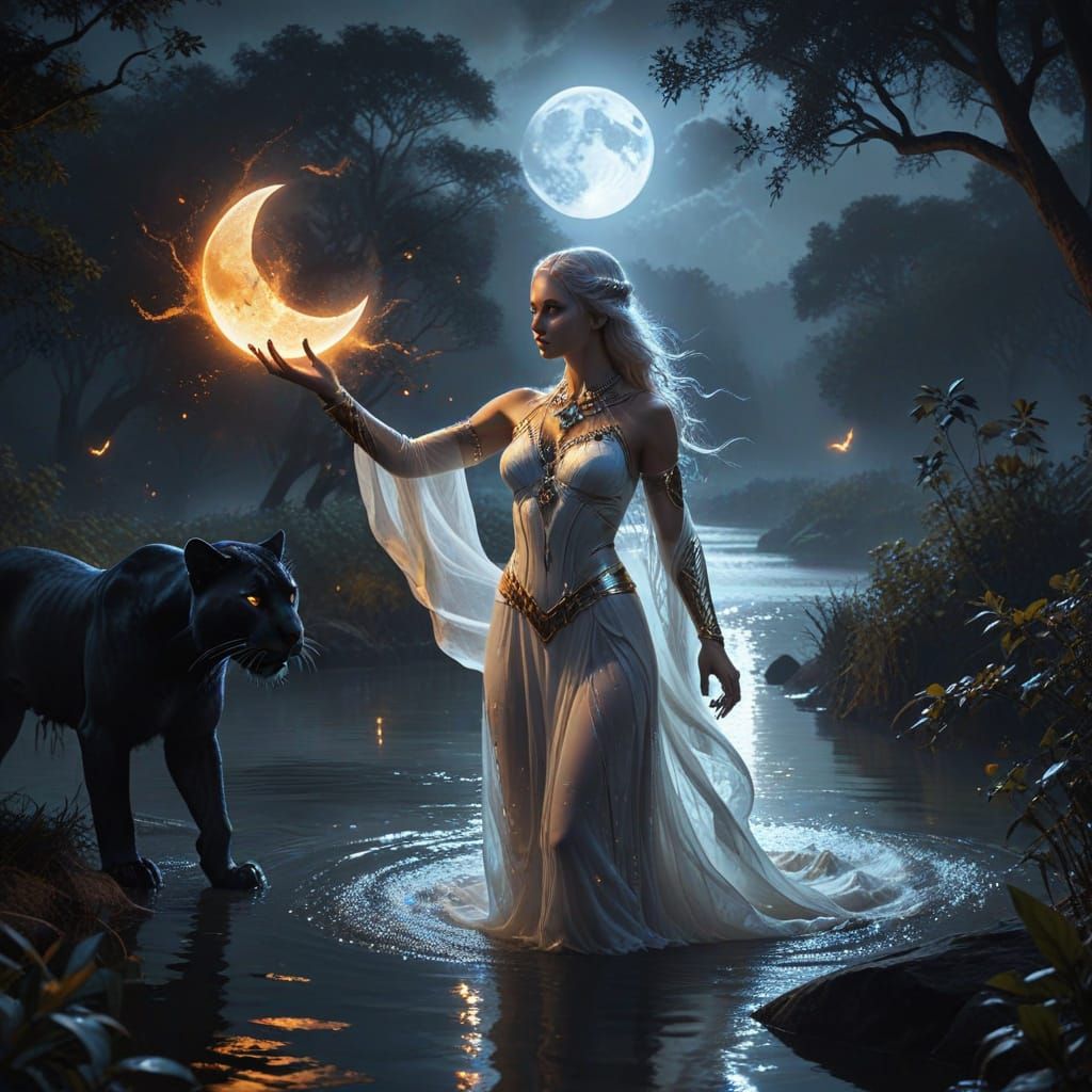 Ethereal Sorceress with Panther in Moonlit Fantasy Art
