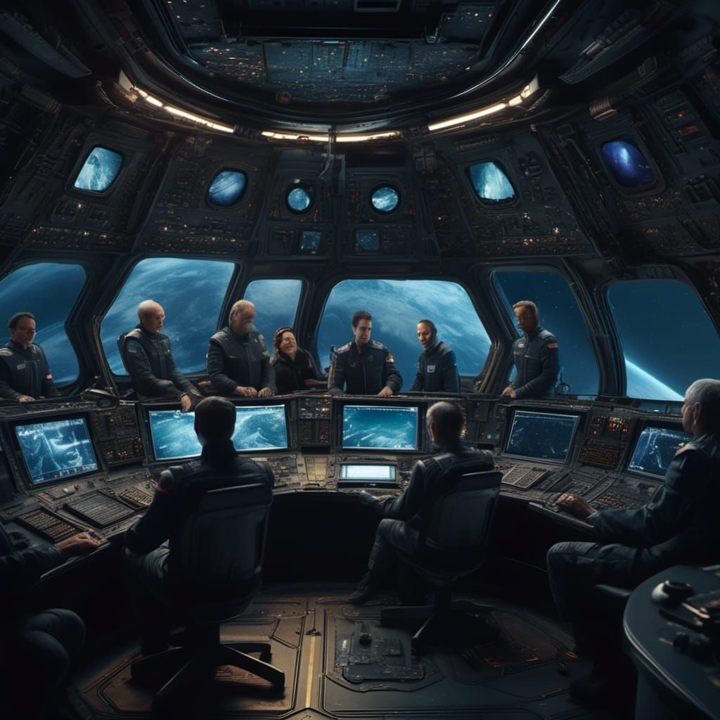 Space Pilots Observe Earth from Spaceship Control Room