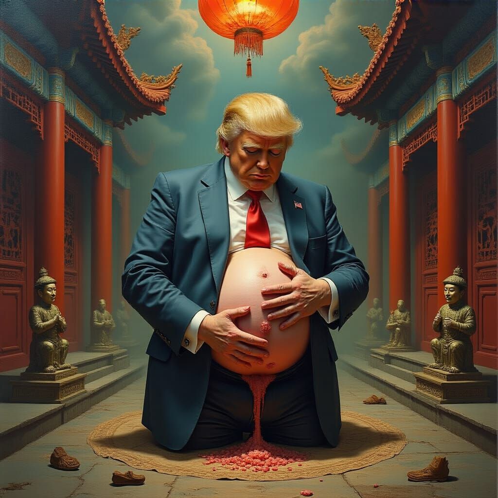 Surreal Birth in Chinese Temple Oil Painting