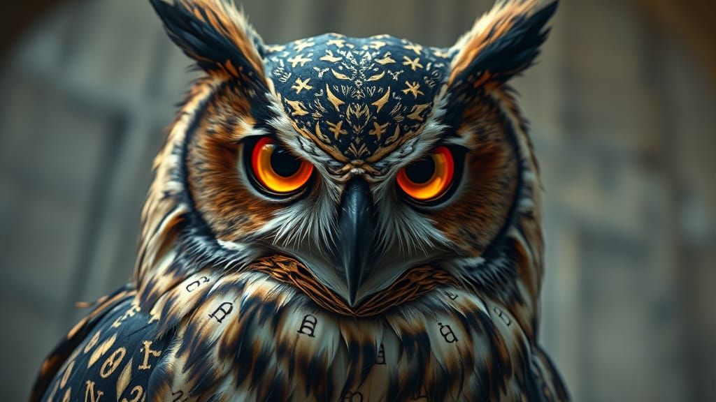 Runic Owl of Hidden Knowledge: Mythological Mixed Media Art