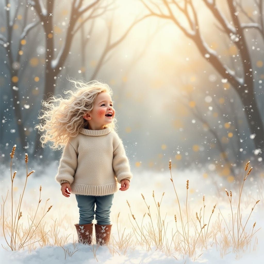 Ethereal Winter Scene of Curly-Haired Girl in Snowy Meadow