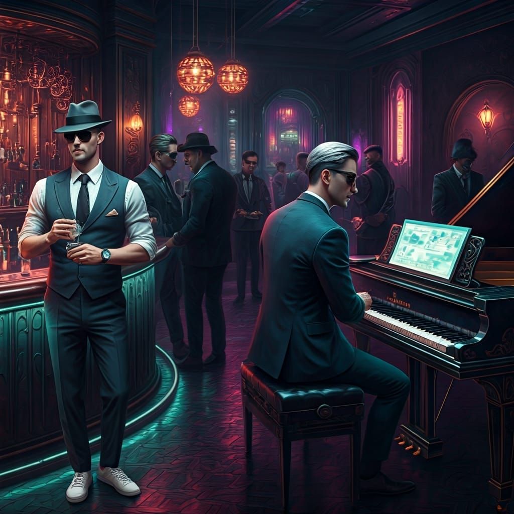 Futuristic 1920s Speakeasy with Neon Lights