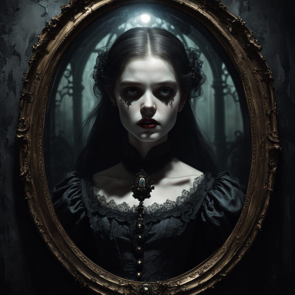 Elegant Vampire's Reflection in Victorian Gilded Mirror